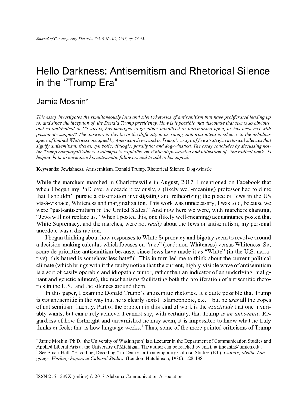 Hello Darkness: Antisemitism and Rhetorical Silence in the “Trump Era”