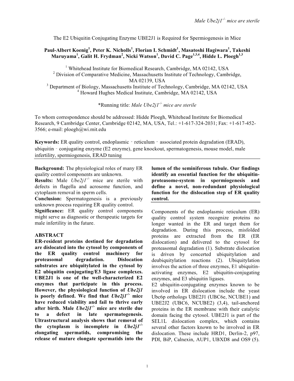 Mice Are Sterile the E2 Ubiquitin Conjugating Enzyme UBE2J1 Is