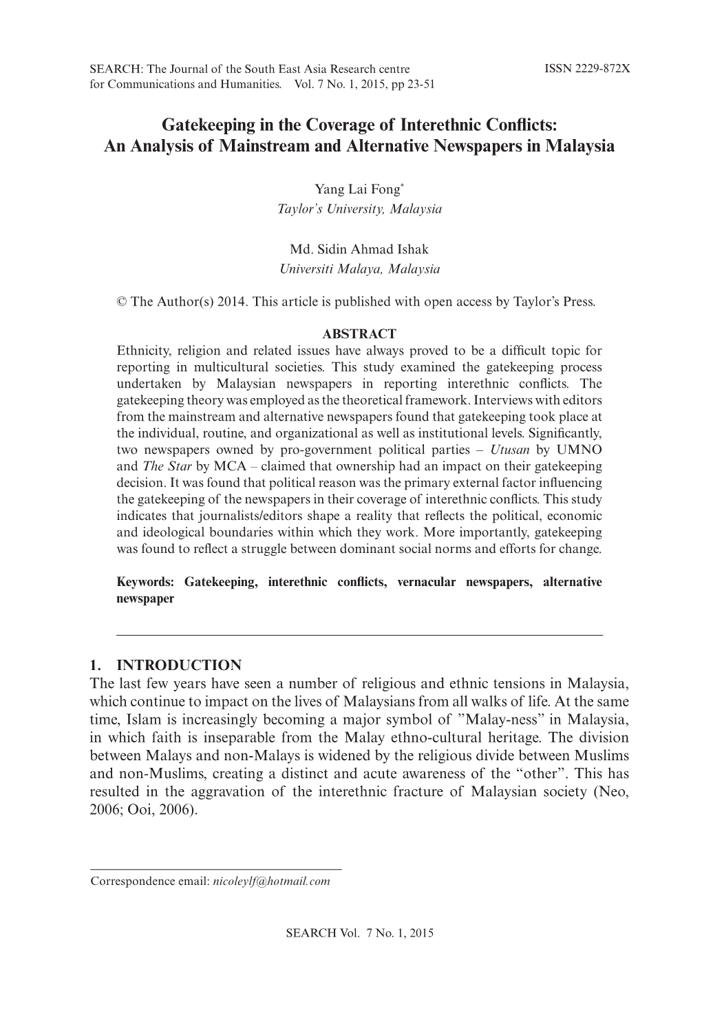 Gatekeeping in the Coverage of Interethnic Conflicts: an Analysis of Mainstream and Alternative Newspapers in Malaysia