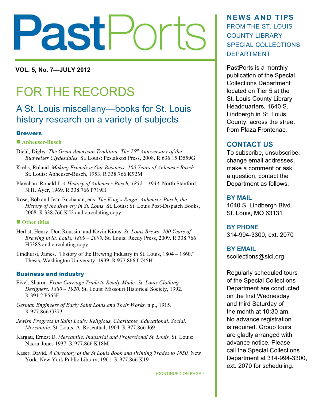 Pastports, Vol. 5, No. 7 (July 2012). News and Tips from the Special Collections Department, St. Louis County Library