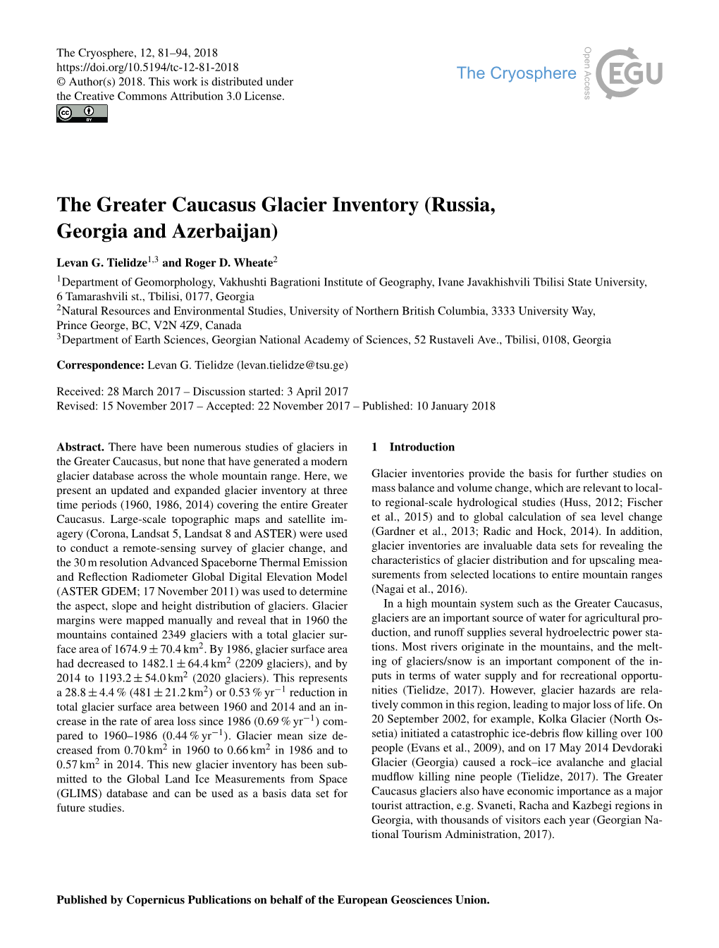 The Greater Caucasus Glacier Inventory (Russia, Georgia and Azerbaijan)