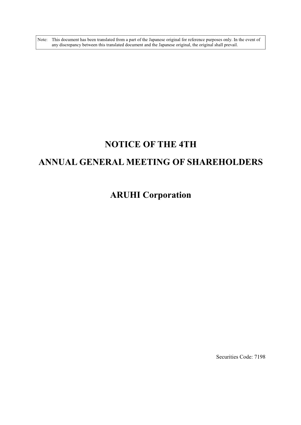 Notice of the 4Th Annual General Meeting of Shareholders