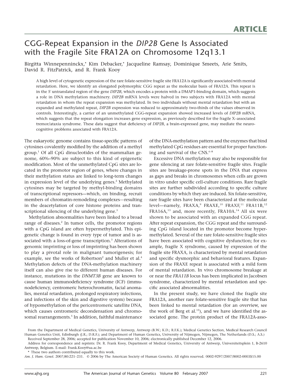 ARTICLE CGG-Repeat Expansion in the DIP2B Gene Is Associated with the Fragile Site FRA12A on Chromosome 12Q13.1