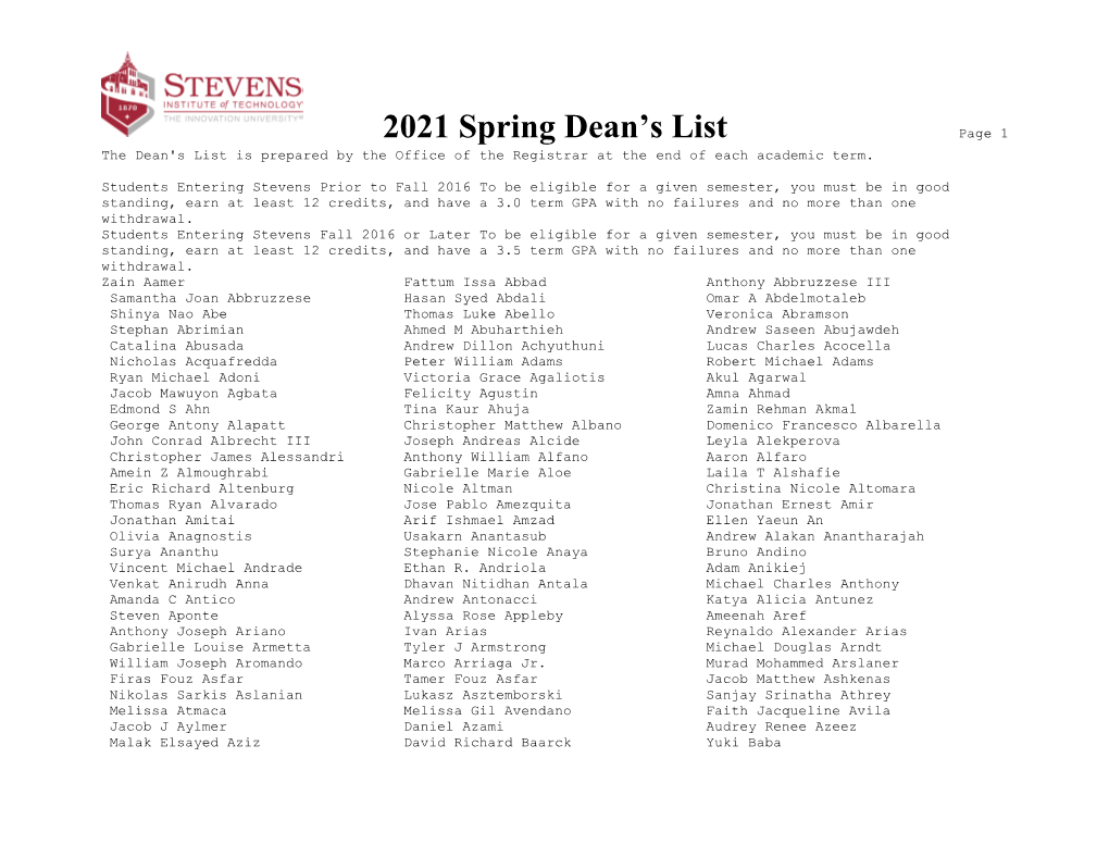 2021 Spring Dean's List