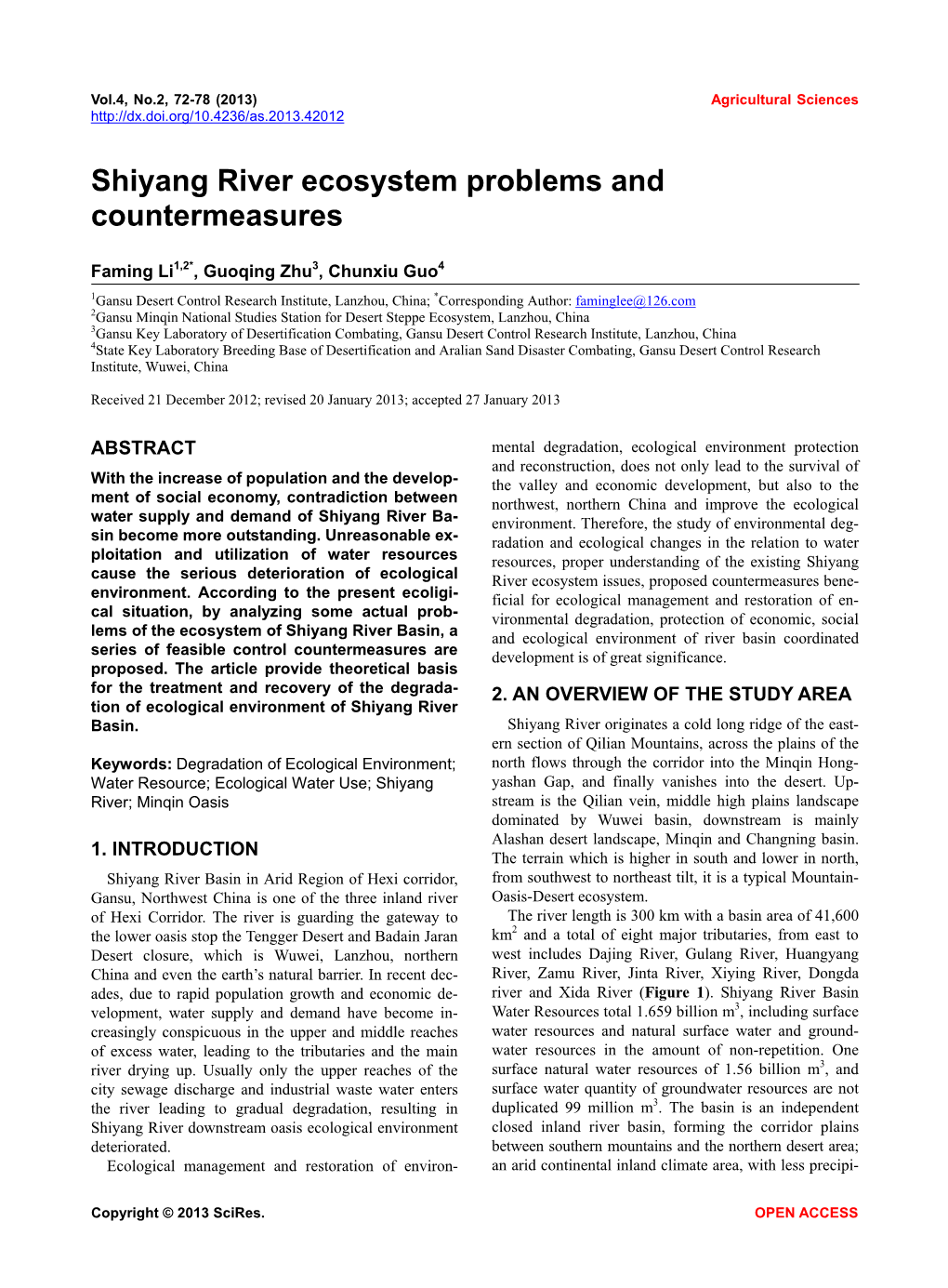 Shiyang River Ecosystem Problems and Countermeasures