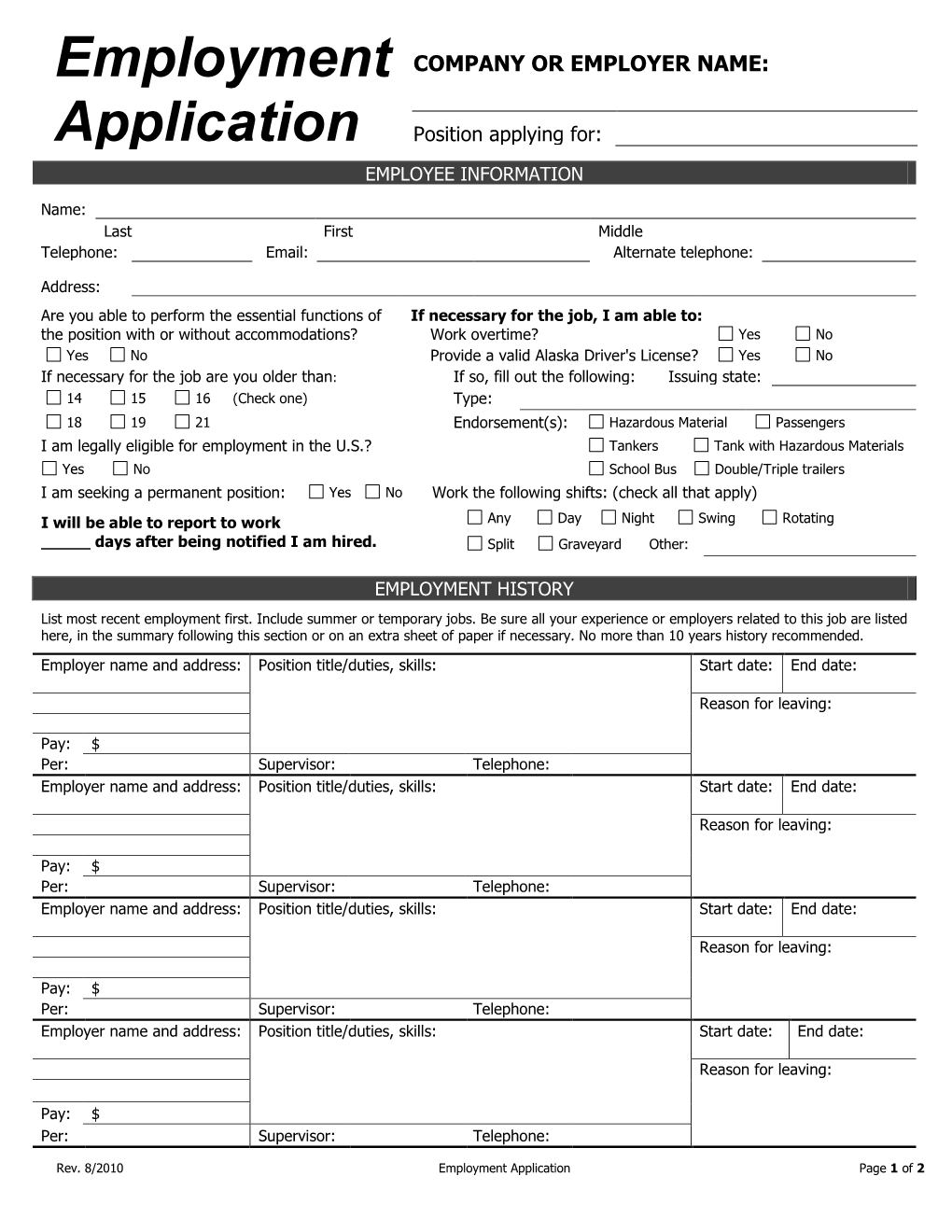 Employment Application Page 1 of 2