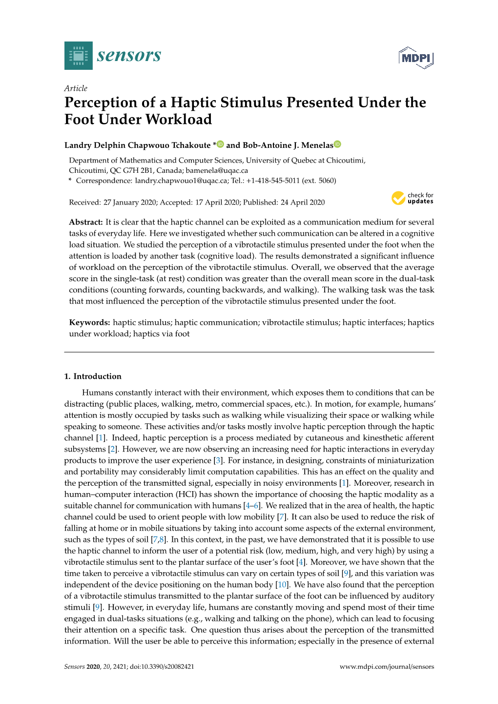 Perception of a Haptic Stimulus Presented Under the Foot Under Workload