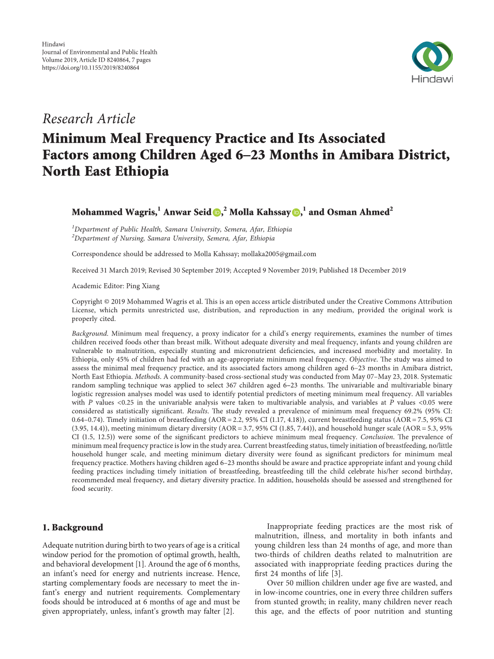 Minimum Meal Frequency Practice and Its Associated Factors Among Children Aged 6–23 Months in Amibara District, North East Ethiopia