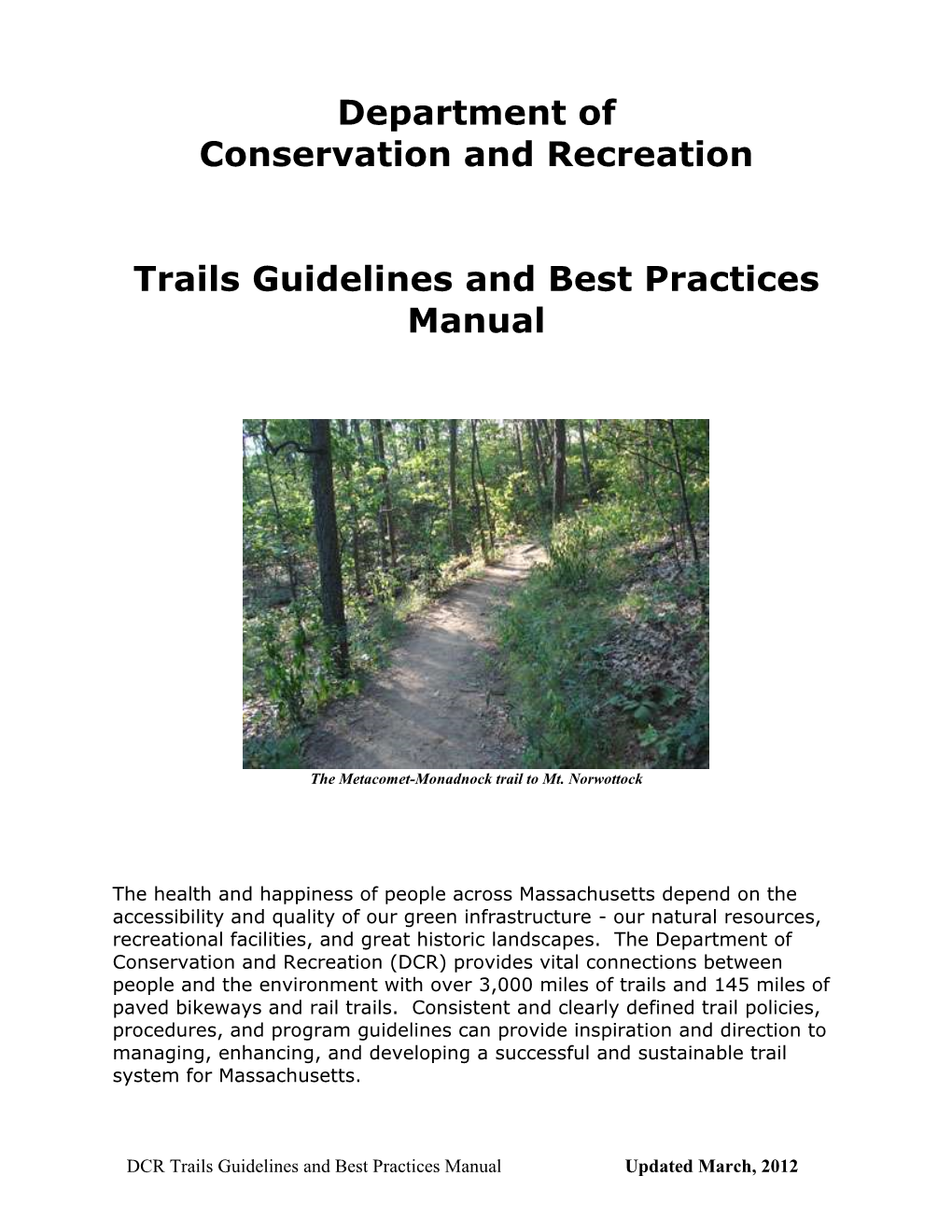 DCR Trails Guidelines and Best Practices Manual Updated March, 2012 Table of Contents Page Implementation Schedule