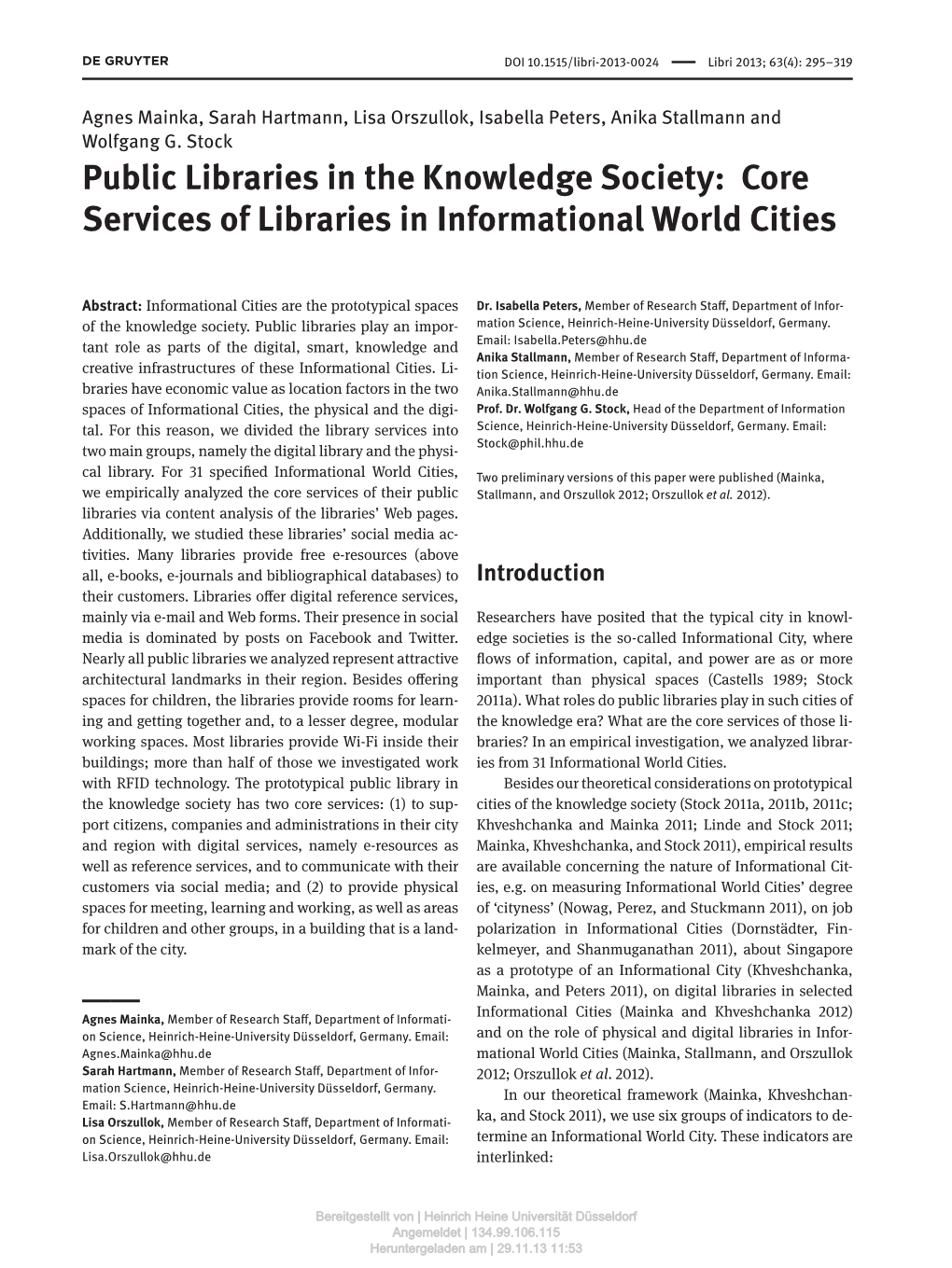 Core Services of Libraries in Informational World Cities