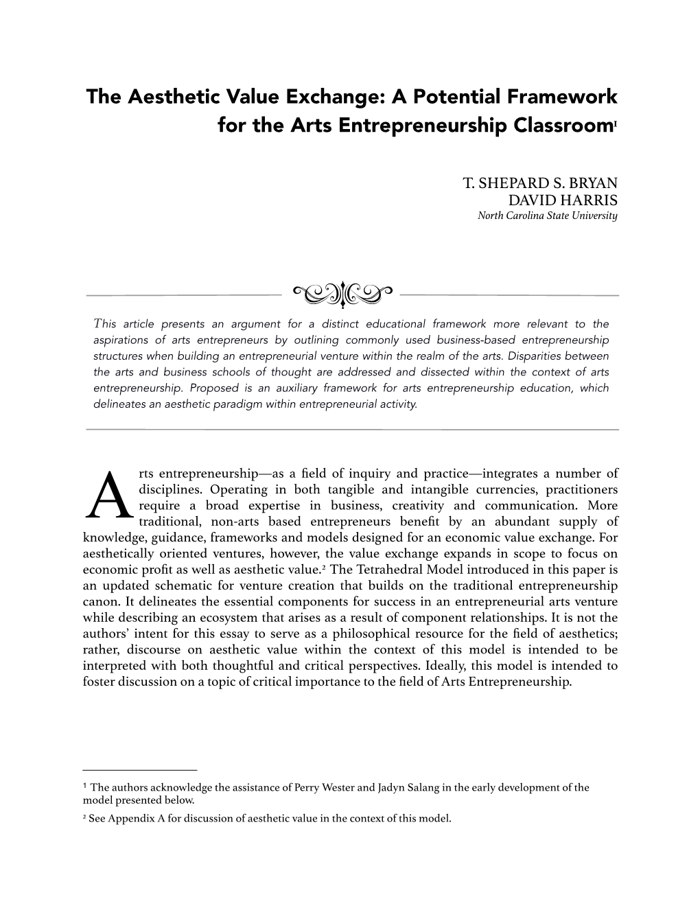 A Potential Framework for the Arts Entrepreneurship Classroom1