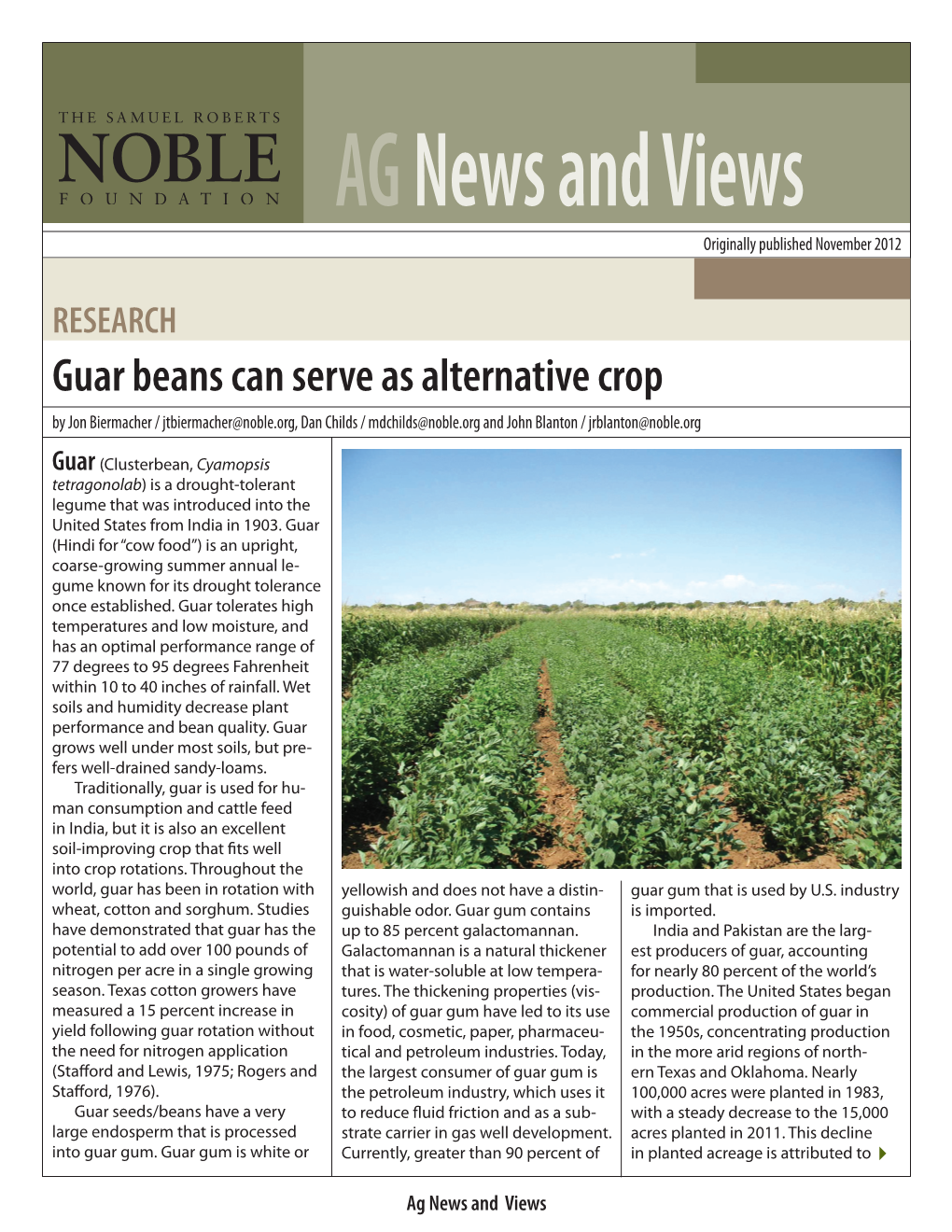 Guar Beans Can Serve As Alternative Crop by Jon Biermacher / Jtbiermacher@Noble.Org, Dan Childs / Mdchilds@Noble.Org and John Blanton / Jrblanton@Noble.Org