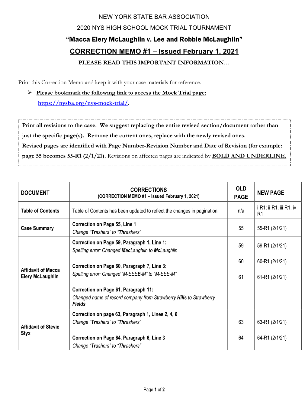 Macca Elery Mclaughlin V. Lee and Robbie Mclaughlin” CORRECTION MEMO #1 – Issued February 1, 2021 PLEASE READ THIS IMPORTANT INFORMATION…