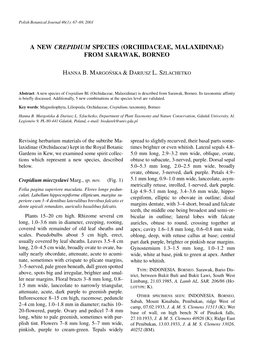 A New Crepidium Species (Orchidaceae, Malaxidinae) from Sarawak, Borneo