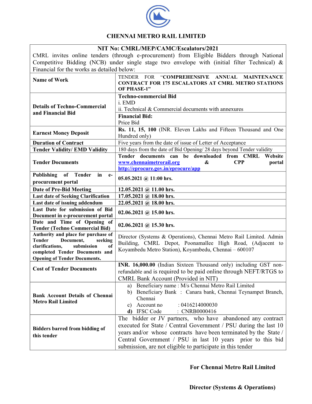 CMRL/MEP/CAMC/Escalators/2021 CMRL Invites Online Tenders