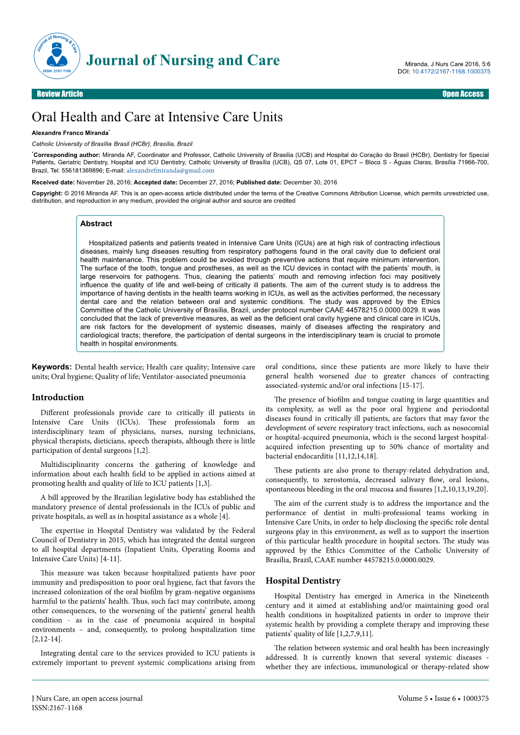 Oral Health and Care at Intensive Care Units