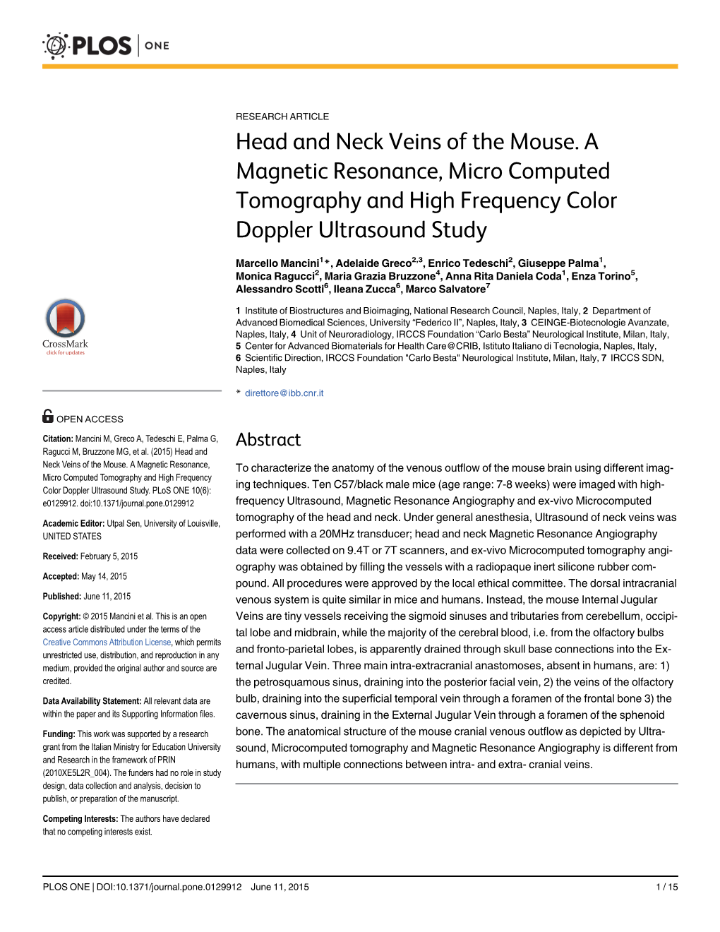 Head and Neck Veins of the Mouse. a Magnetic Resonance, Micro Computed Tomography and High Frequency Color Doppler Ultrasound Study