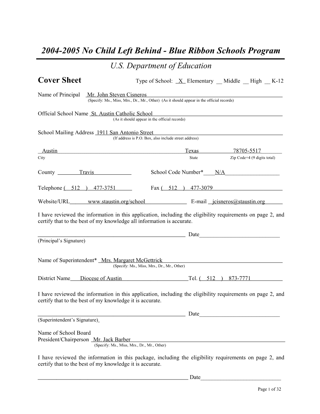 St. Austin Catholic School Application: 2004-2005, No Child Left Behind - Blue Ribbon Schools