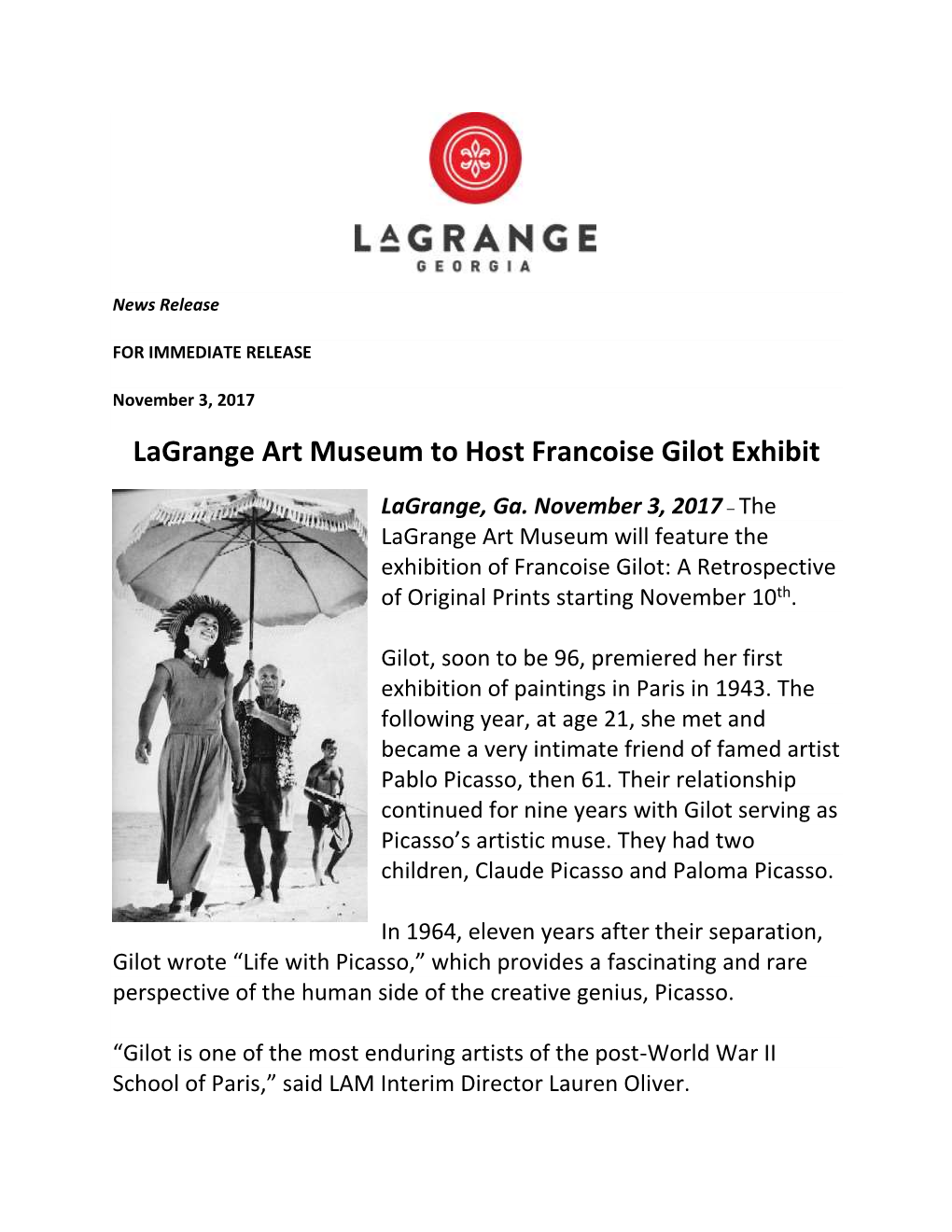 Lagrange Art Museum to Host Francoise Gilot Exhibit