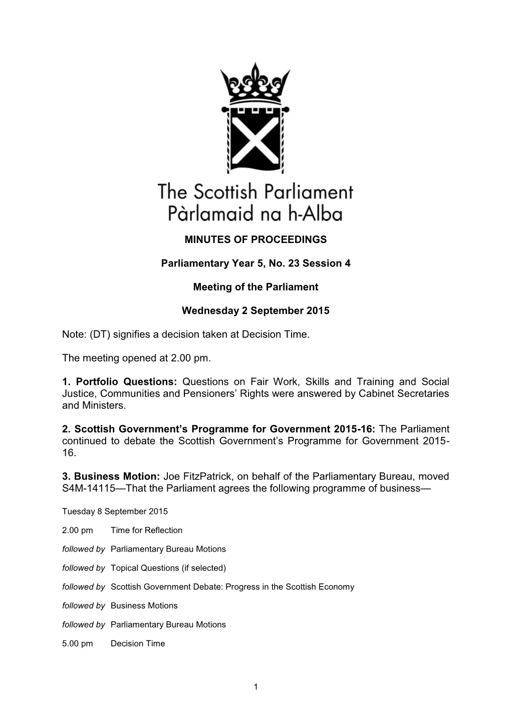 MINUTES of PROCEEDINGS Parliamentary Year 5, No. 23