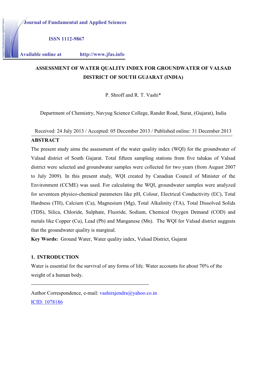 Assessment of Water Quality Index for Groundwater of Valsad District of South Gujarat (India)