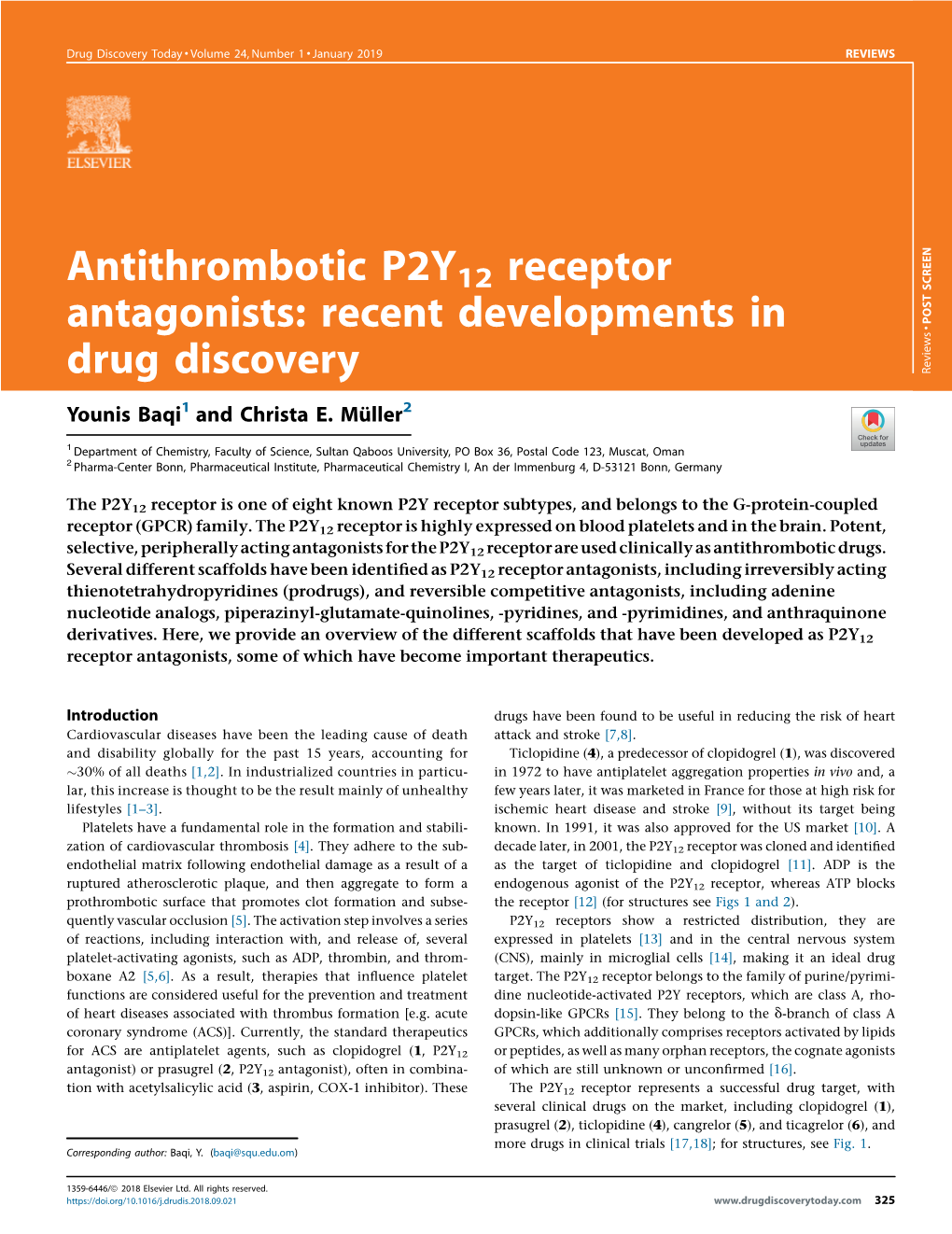 Antithrombotic P2Y12 Receptor Antagonists: Recent Developments in Drug Discovery