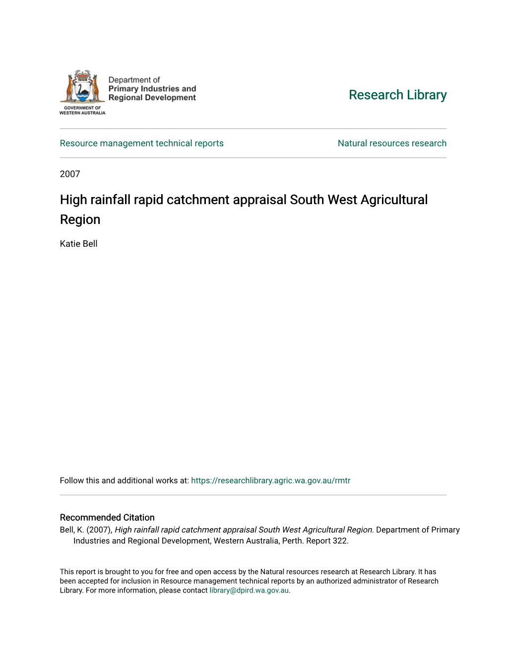 High Rainfall Rapid Catchment Appraisal South West Agricultural Region