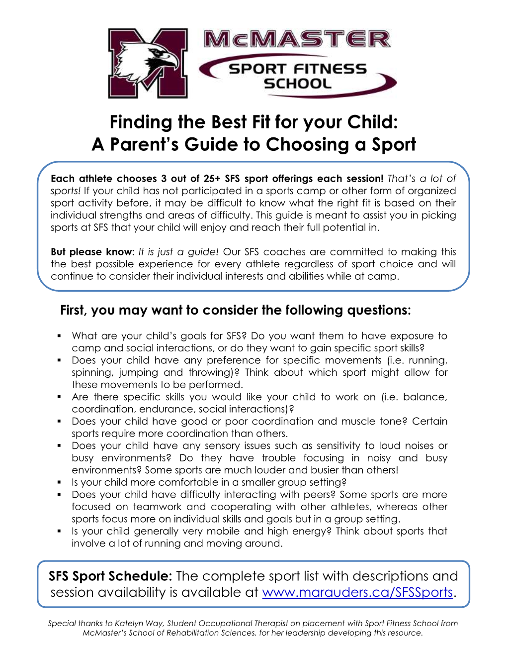 Sport Selection Parent Guide for SFS Athletes in One-On-One