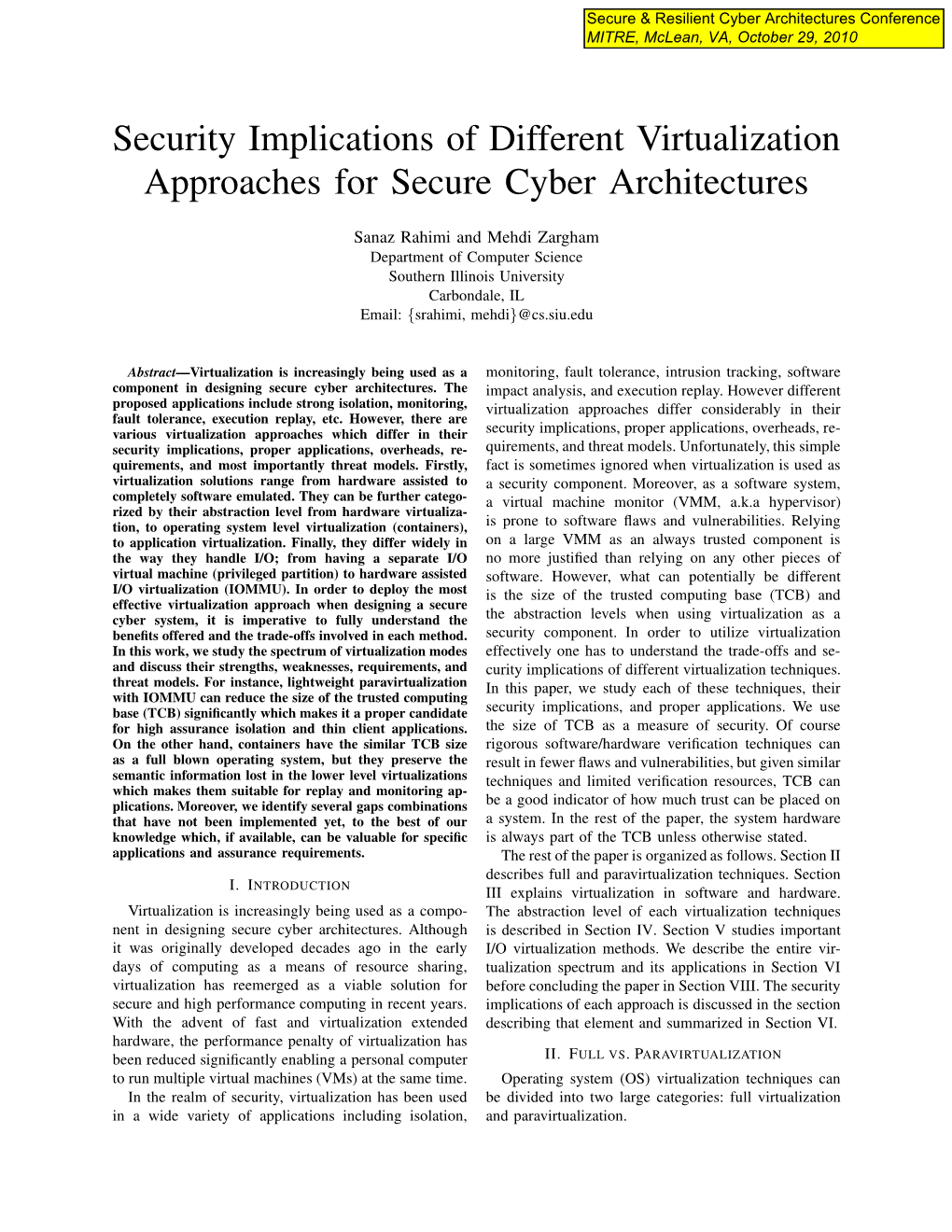 Security Implications of Different Virtualization Approaches for Secure Cyber Architectures