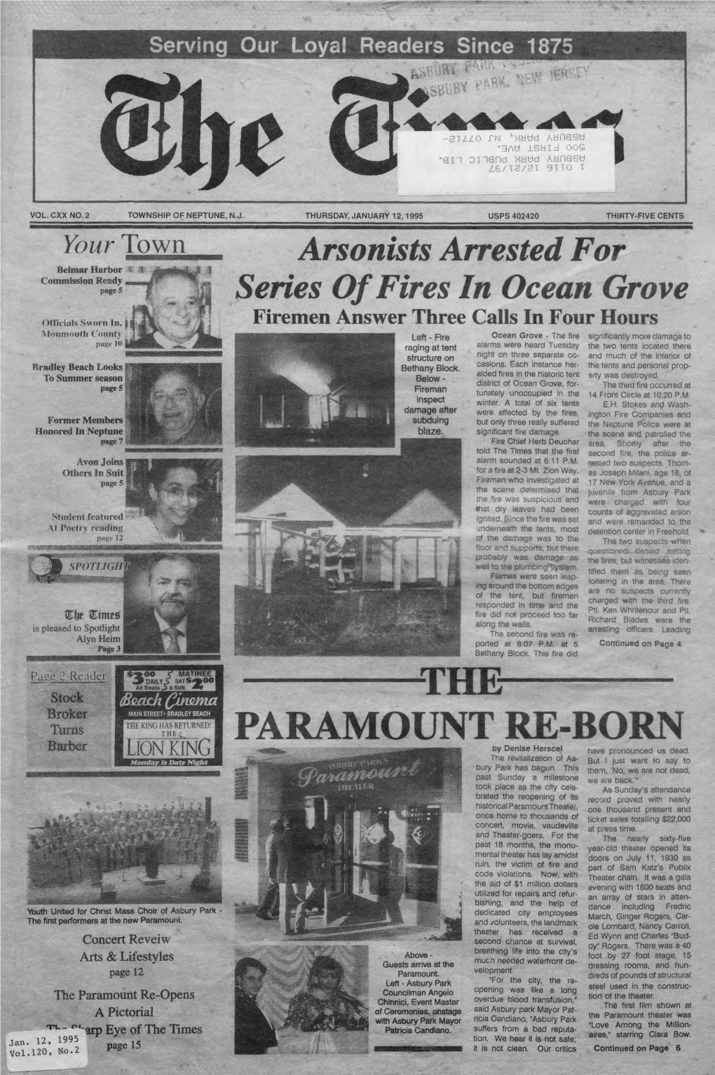 12,1995 USPS 402420 THIRTY-FIVE CENTS Your Town Arsonists Arrested for Belmar Harbor Commission Ready Pages Series of Fires in Ocean Grove