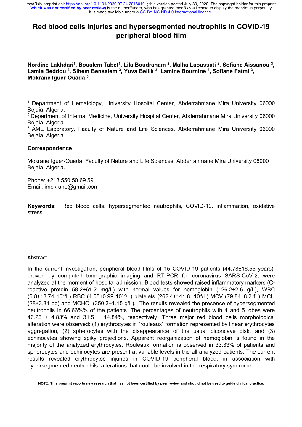 Red Blood Cells Injuries and Hypersegmented Neutrophils in COVID-19 Peripheral Blood Film