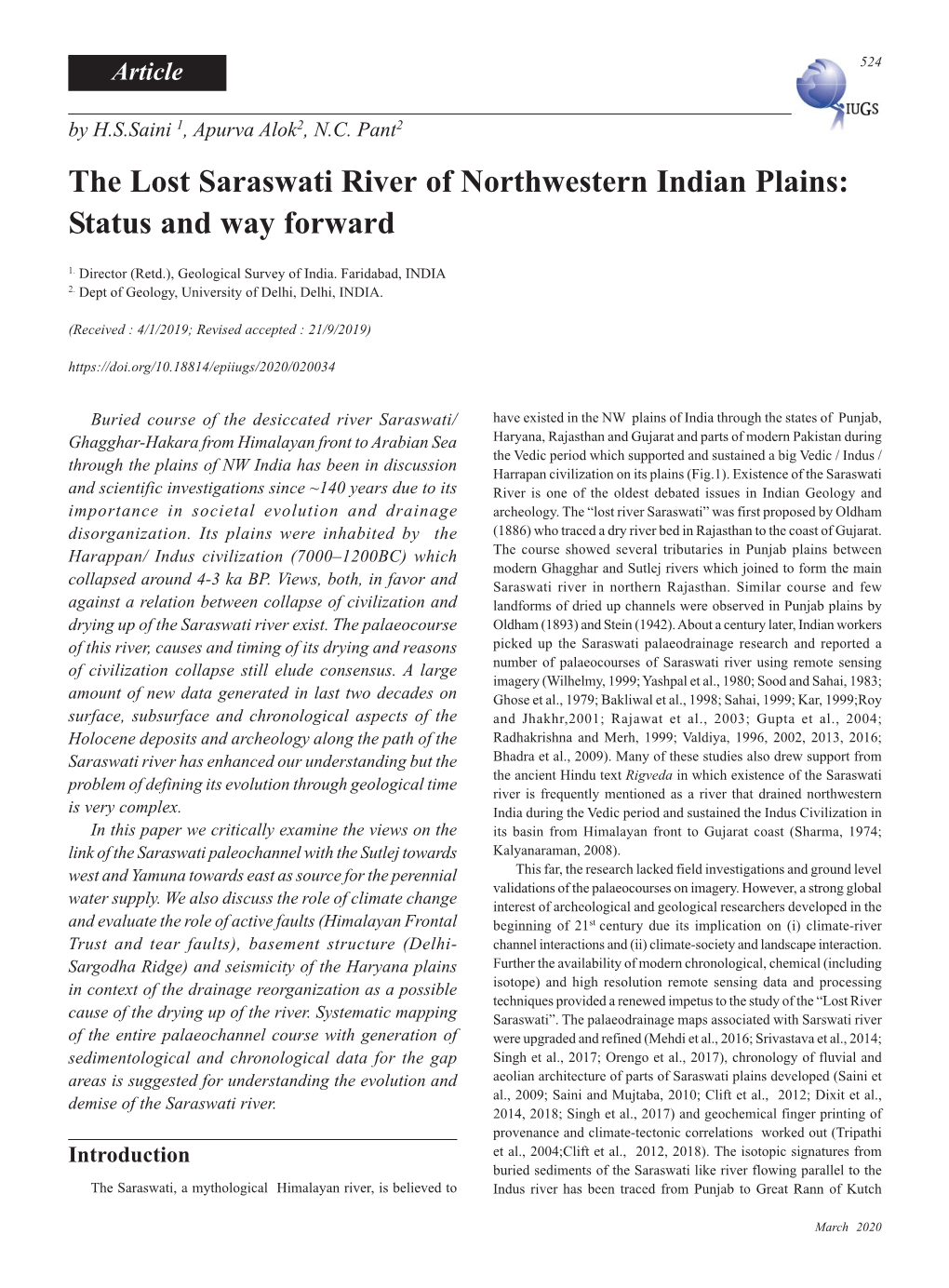 The Lost Saraswati River of Northwestern Indian Plains: Status and Way Forward