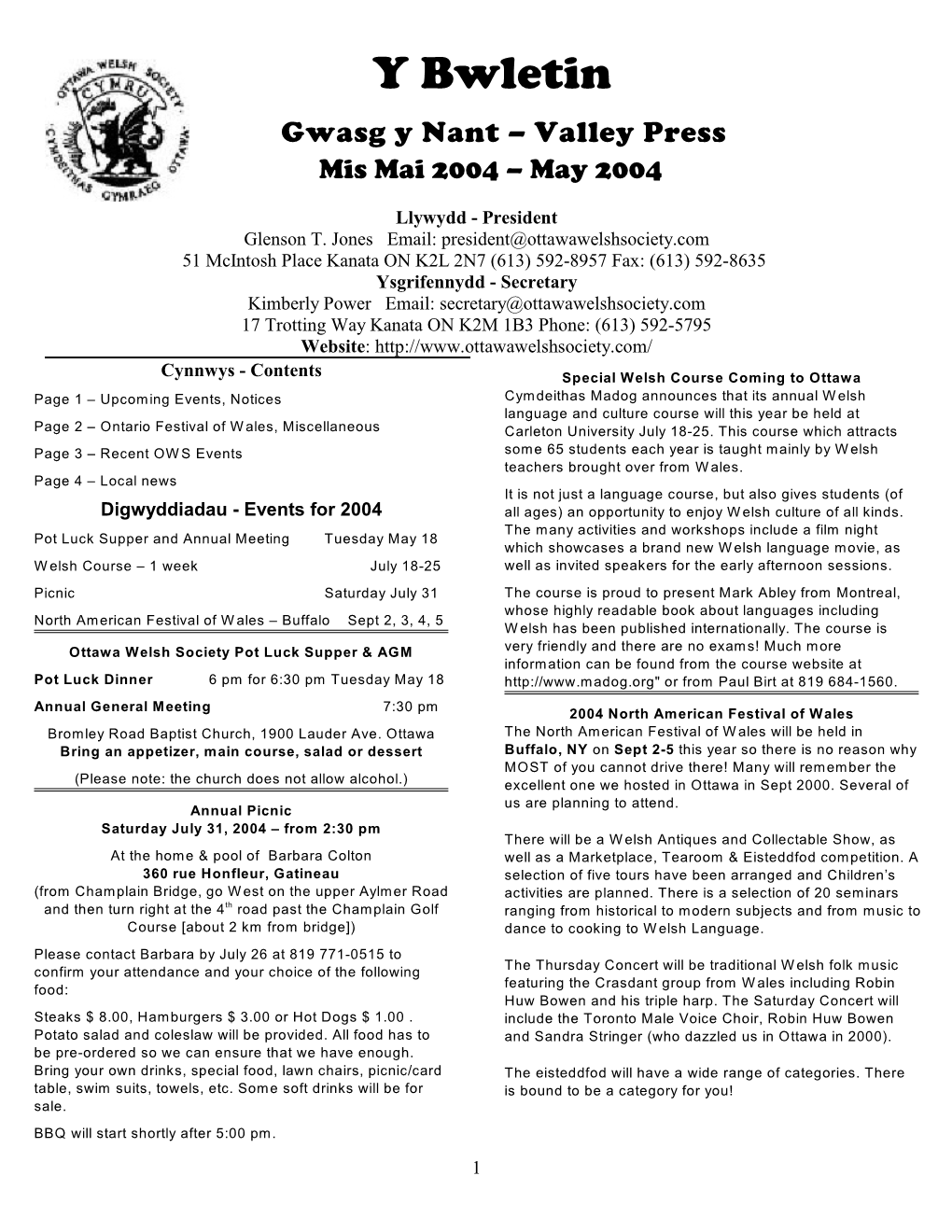 Y Bwletin Gwasg Y Nant – Valley Press Mis Mai 2004 – May 2004