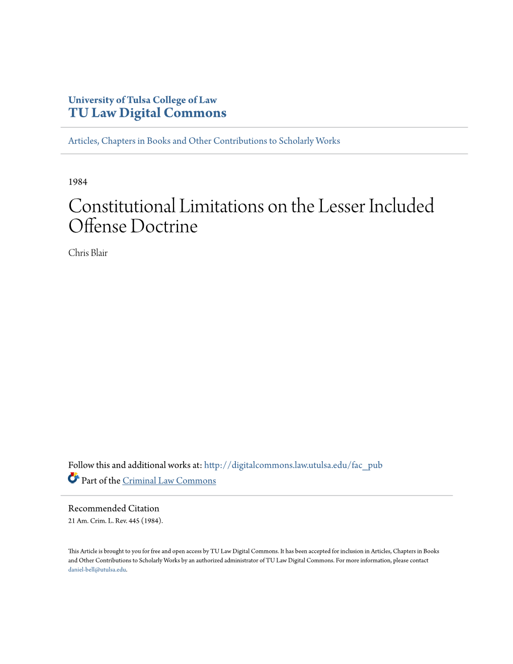 Constitutional Limitations on the Lesser Included Offense Doctrine Chris Blair