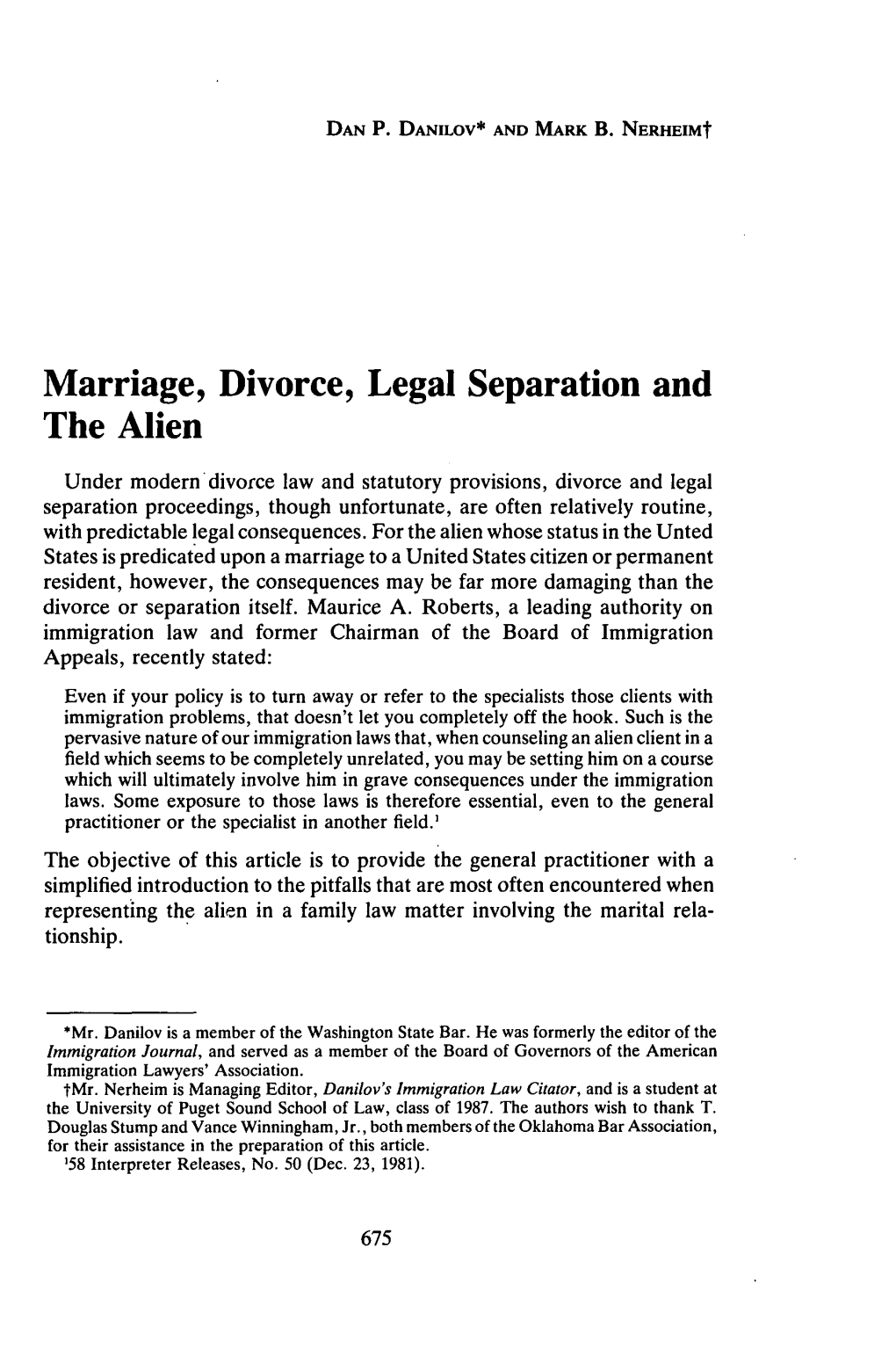 Marriage, Divorce, Legal Separation and the Alien