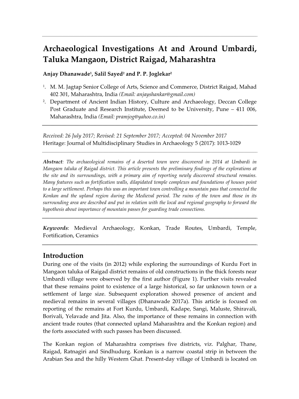 Archaeological Investigations at and Around Umbardi, Taluka Mangaon, District Raigad, Maharashtra