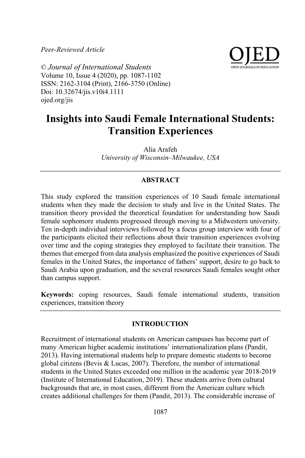 Insights Into Saudi Female International Students: Transition Experiences