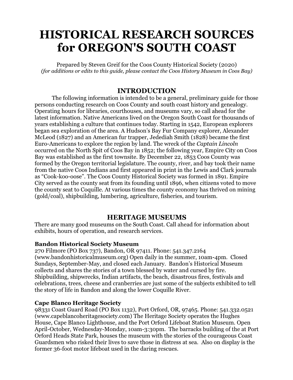 HISTORICAL RESEARCH SOURCES for OREGON's SOUTH COAST