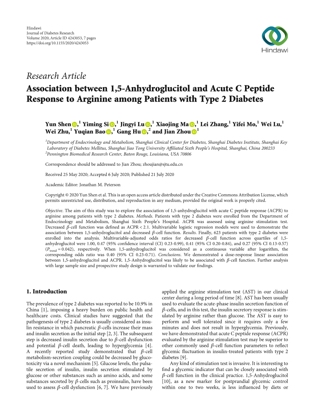 Association Between 1, 5-Anhydroglucitol and Acute C Peptide