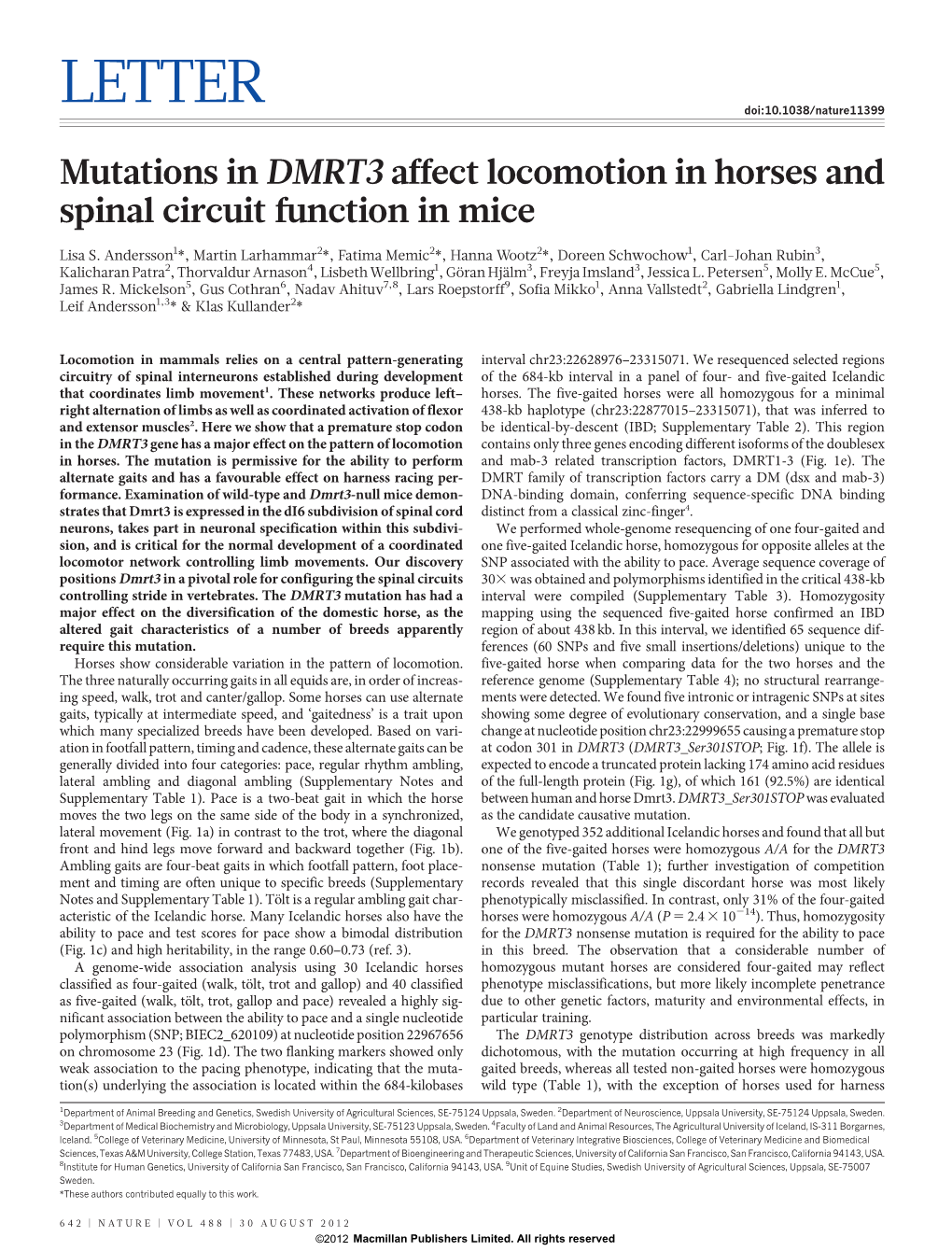 Mutations in DMRT3 Affect Locomotion in Horses and Spinal Circuit Function in Mice