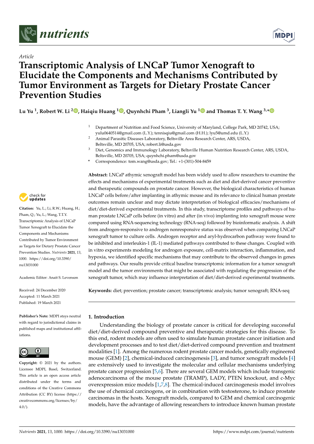 Transcriptomic Analysis of Lncap Tumor Xenograft To