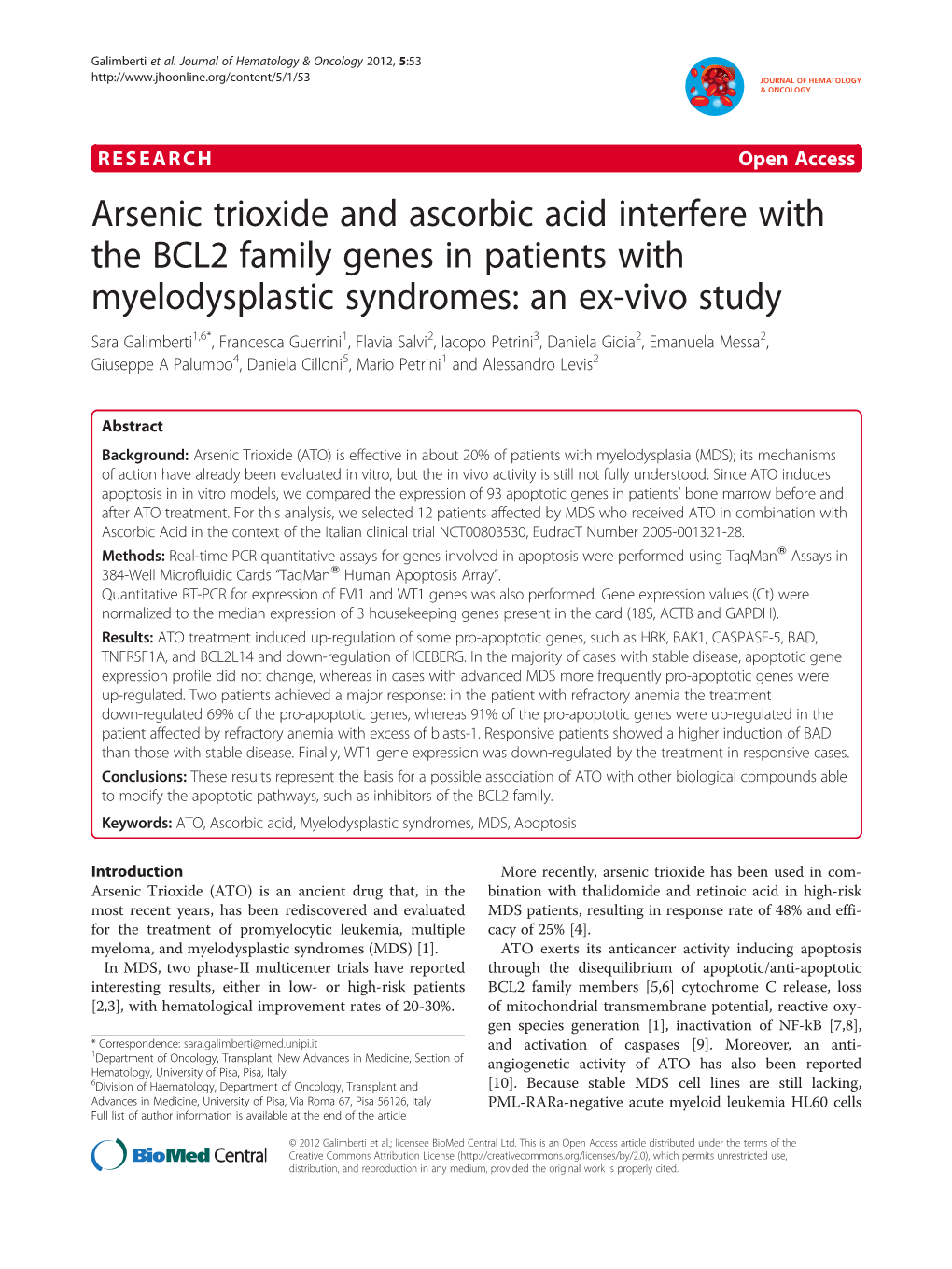 Arsenic Trioxide and Ascorbic Acid Interfere with the BCL2 Family Genes in Patients with Myelodysplastic Syndromes