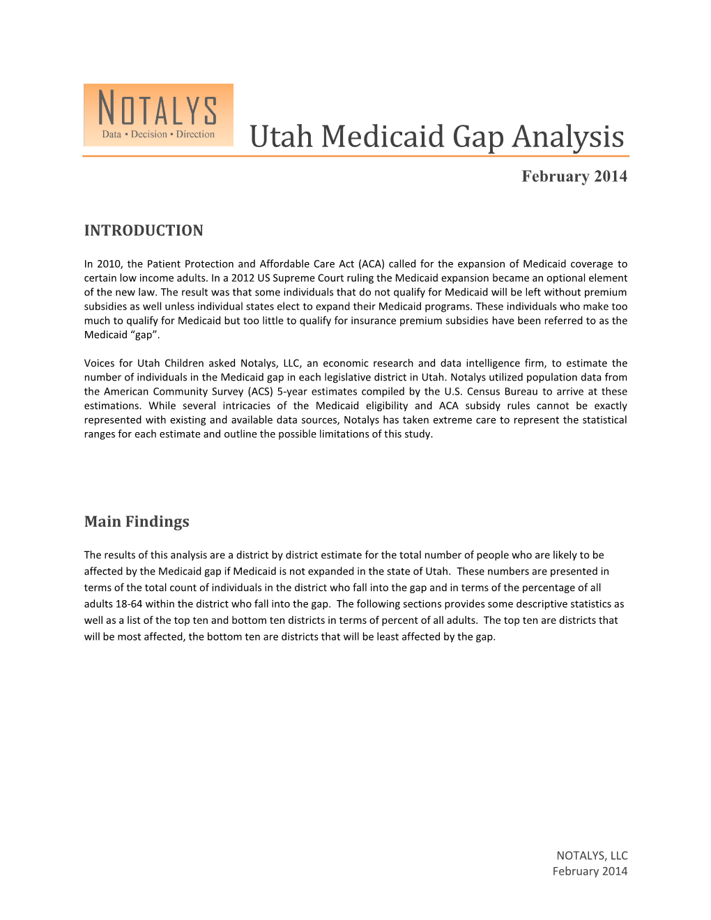 Utah Medicaid Gap Analysis February 2014