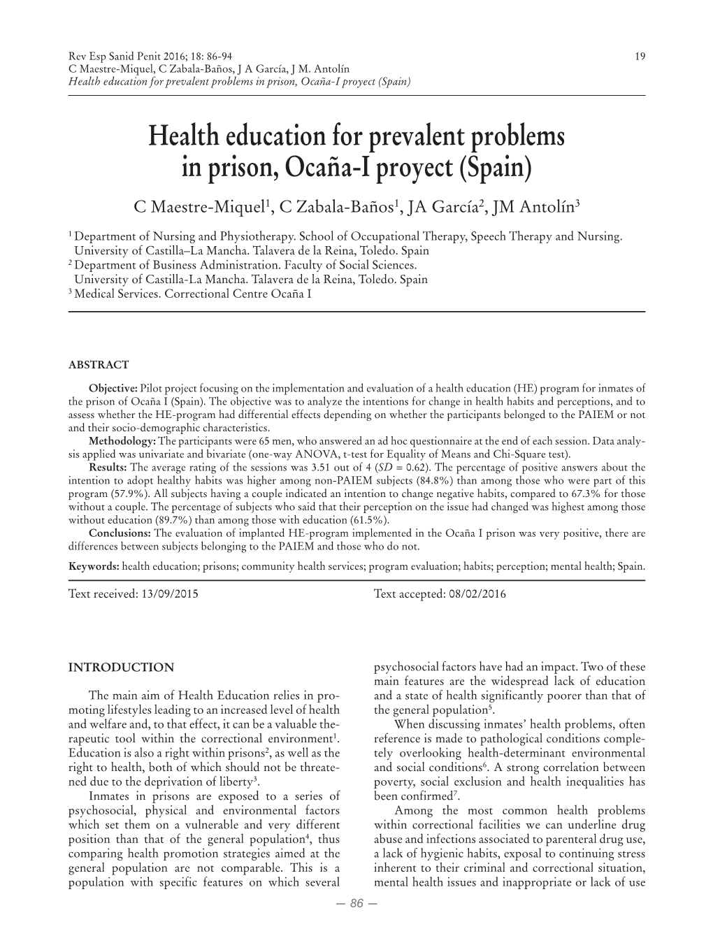 Health Education for Prevalent Problems in Prison, Ocaña-I Proyect (Spain)