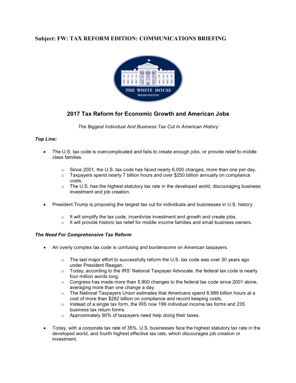Subject: FW: TAX REFORM EDITION: COMMUNICATIONS BRIEFING