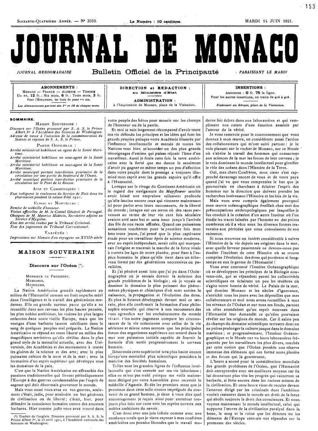 Bulletin Officiel De La Principauté - PARAISSANT LE MARDI