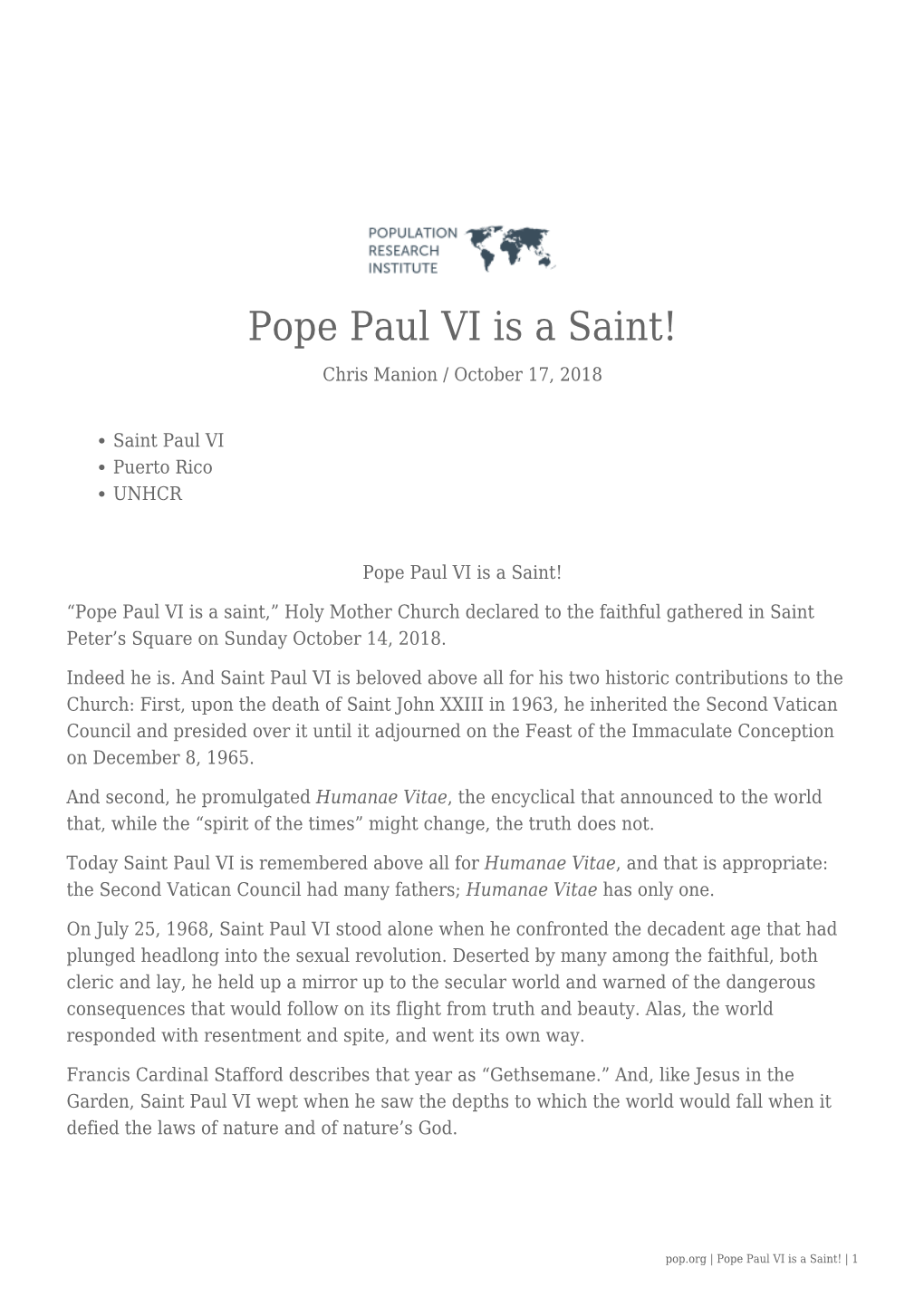 Pope Paul VI Is a Saint! Chris Manion / October 17, 2018