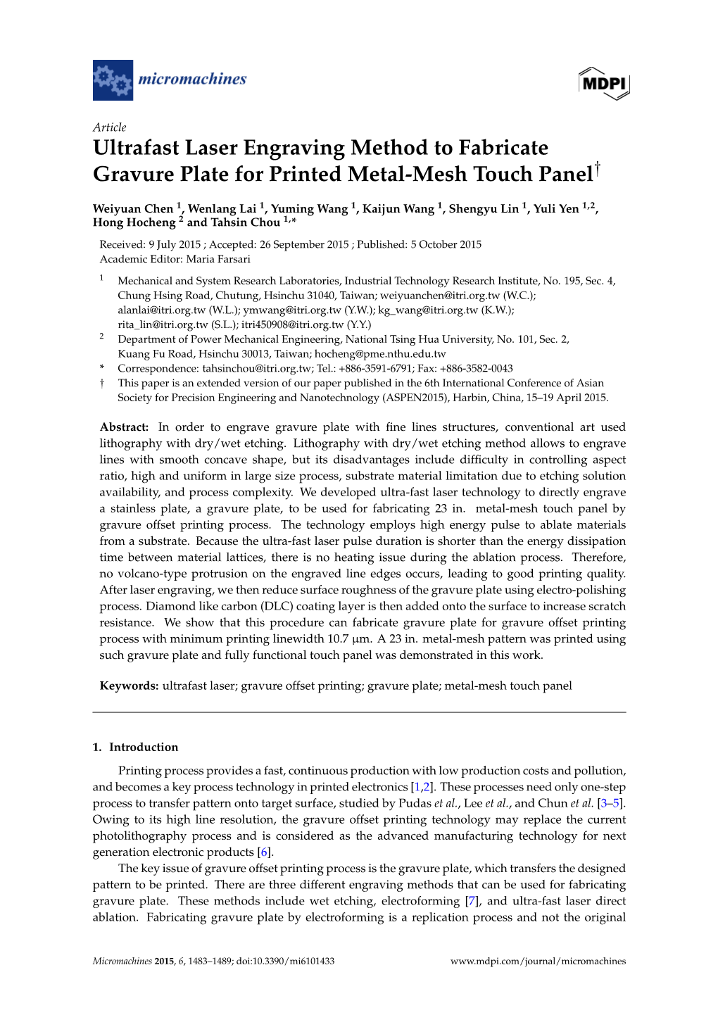 Ultrafast Laser Engraving Method to Fabricate Gravure Plate for Printed Metal-Mesh Touch Panel