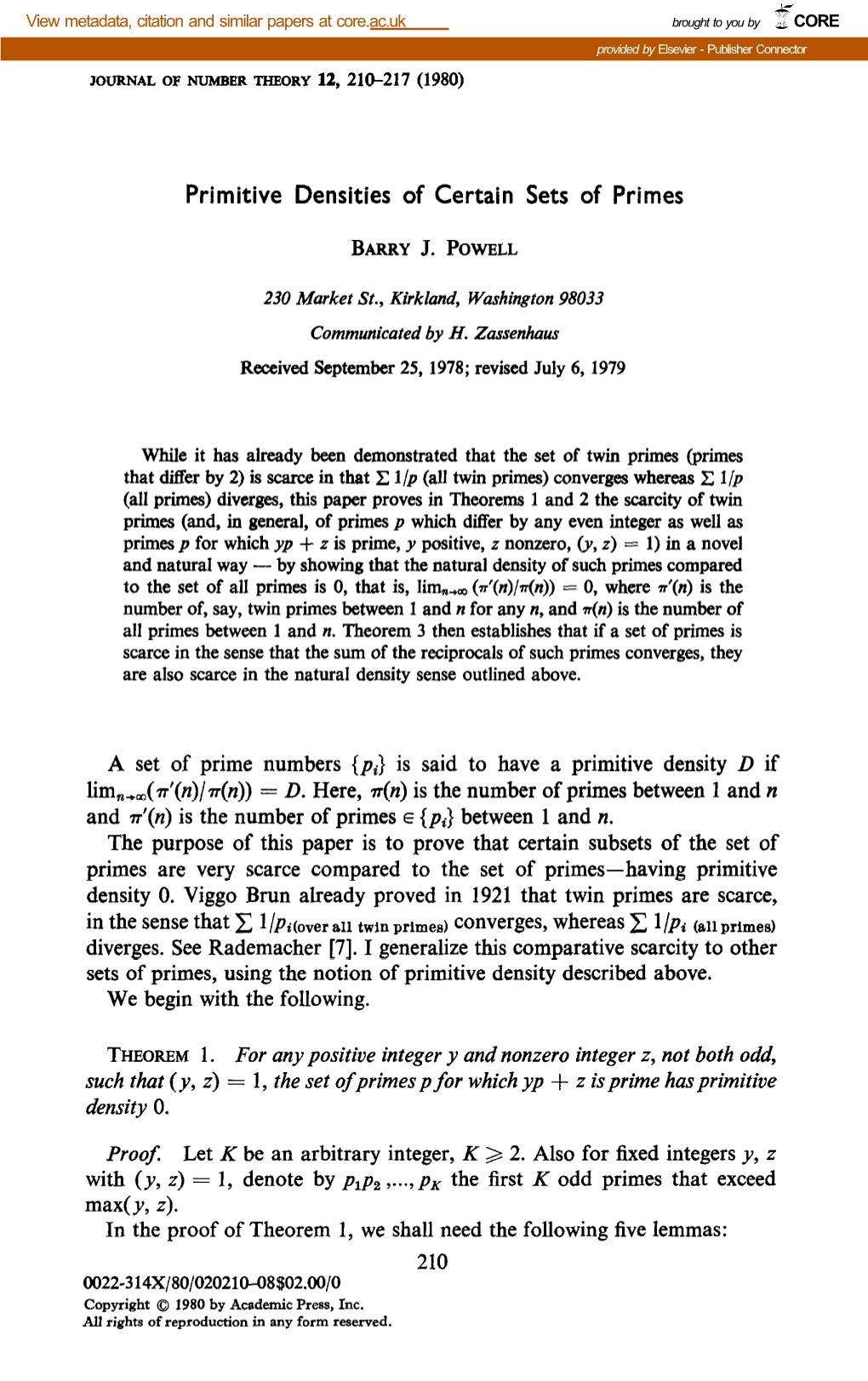 Primitive Densities of Certain Sets of Primes a Set of Prime Numbers {Pi