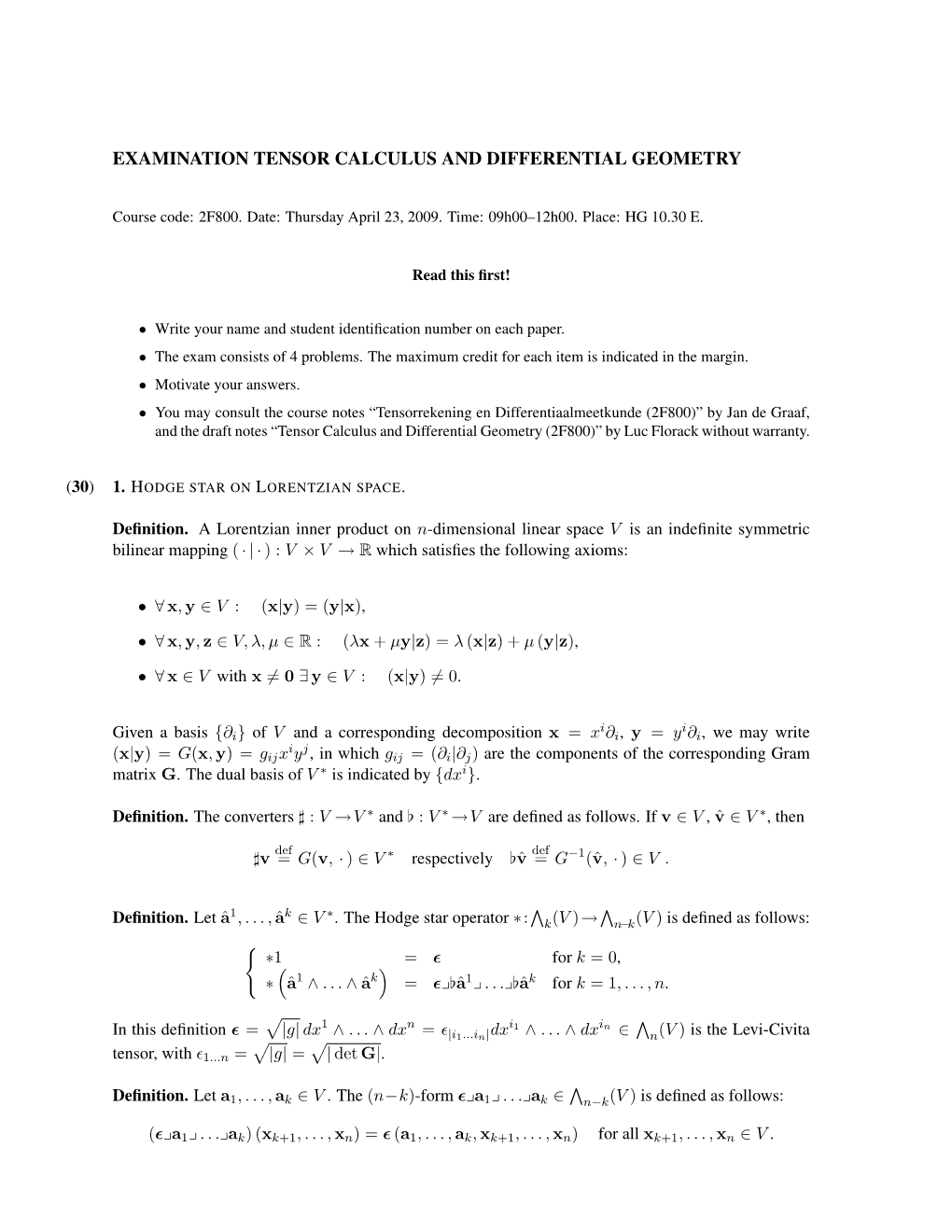 Examination Tensor Calculus and Differential Geometry